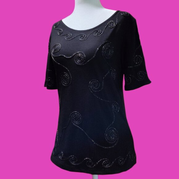 OBJECTS D'ART Black Short Sleeve Glittery Thread Accent Blouse Top Size Small - Picture 2 of 7